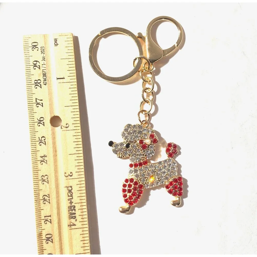 Poodle Rhinestone Charm Keychain Key Holder Multicolor Gold Tone Metal New